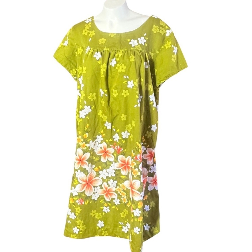 Ui-Maikai Vintage Hawaiian Muumuu Dress Green Floral Cotton Made‎ in Hawaii